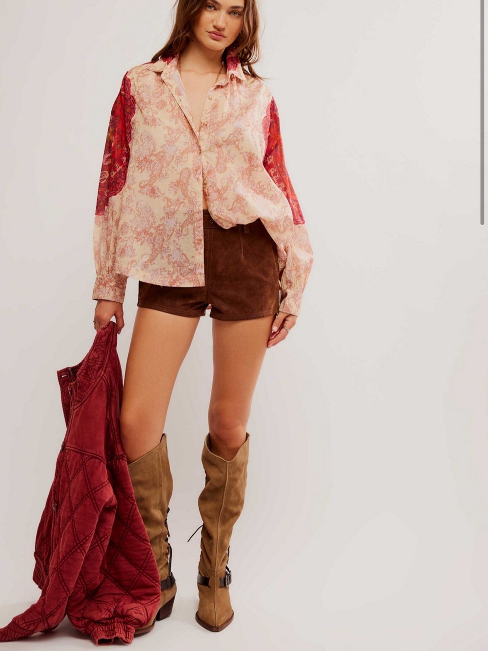 Free People Paisley Button-Down Shirt in Blush & Red